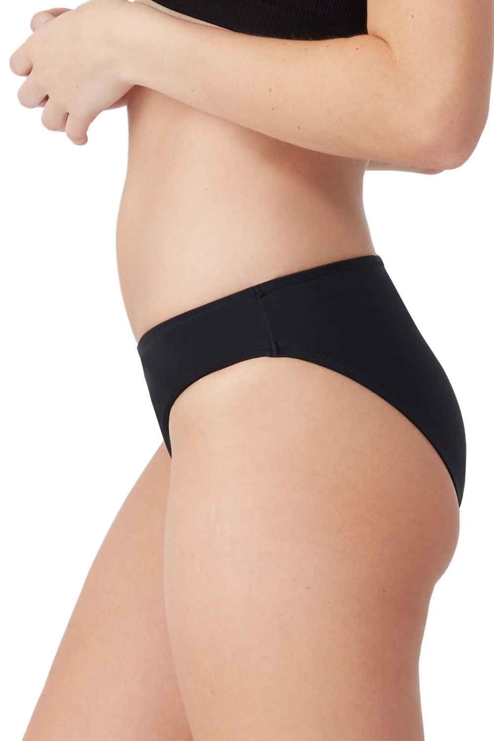 Person wearing black a period swim bikini brief on a white background