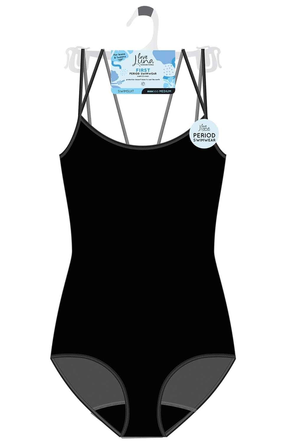 Black love luna one piece teens period swimsuit with thin straps on a white background