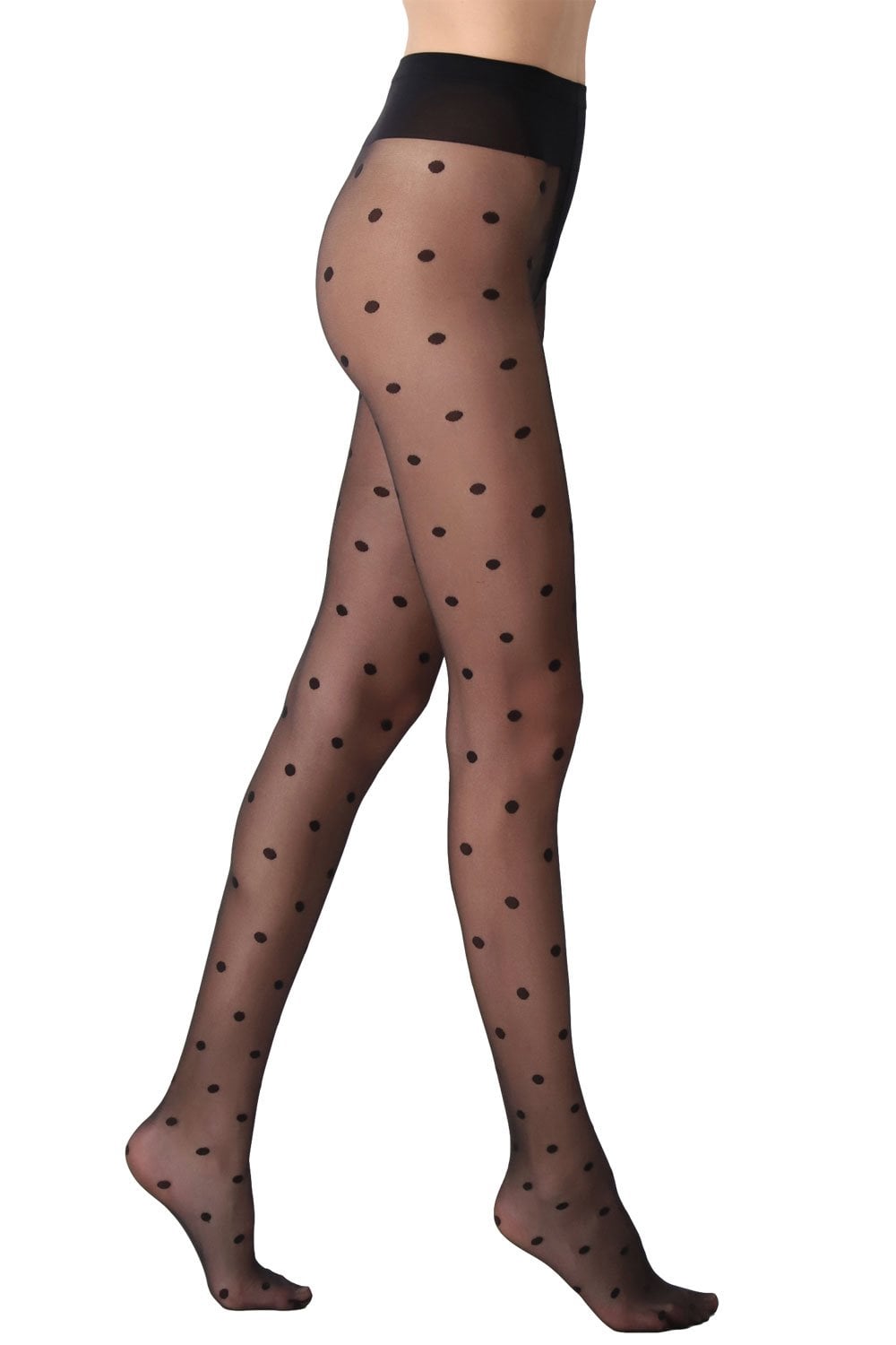 Polka dot tights worn by a person on a white background