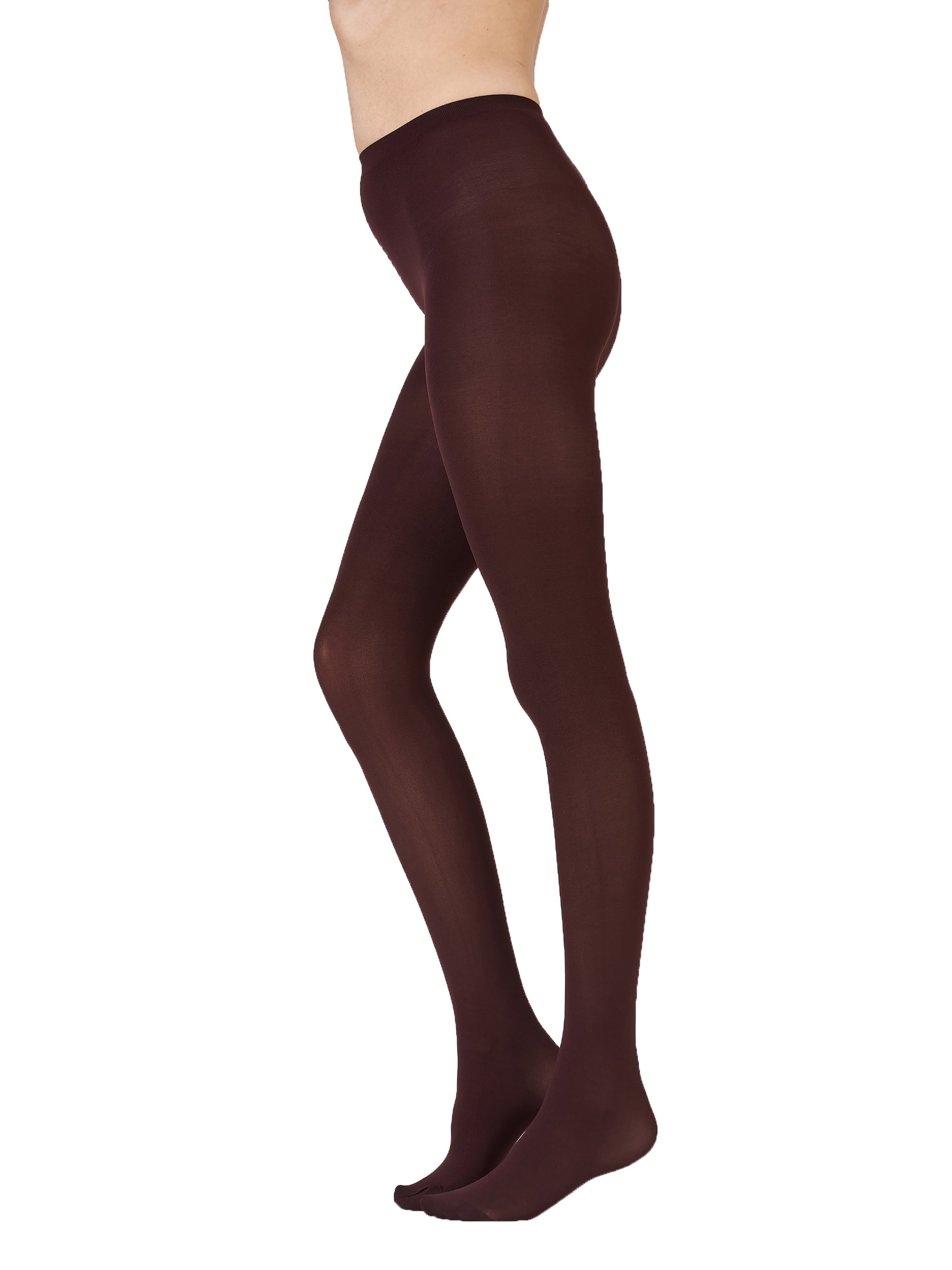 Burgundy  tights worn by a person on a white background