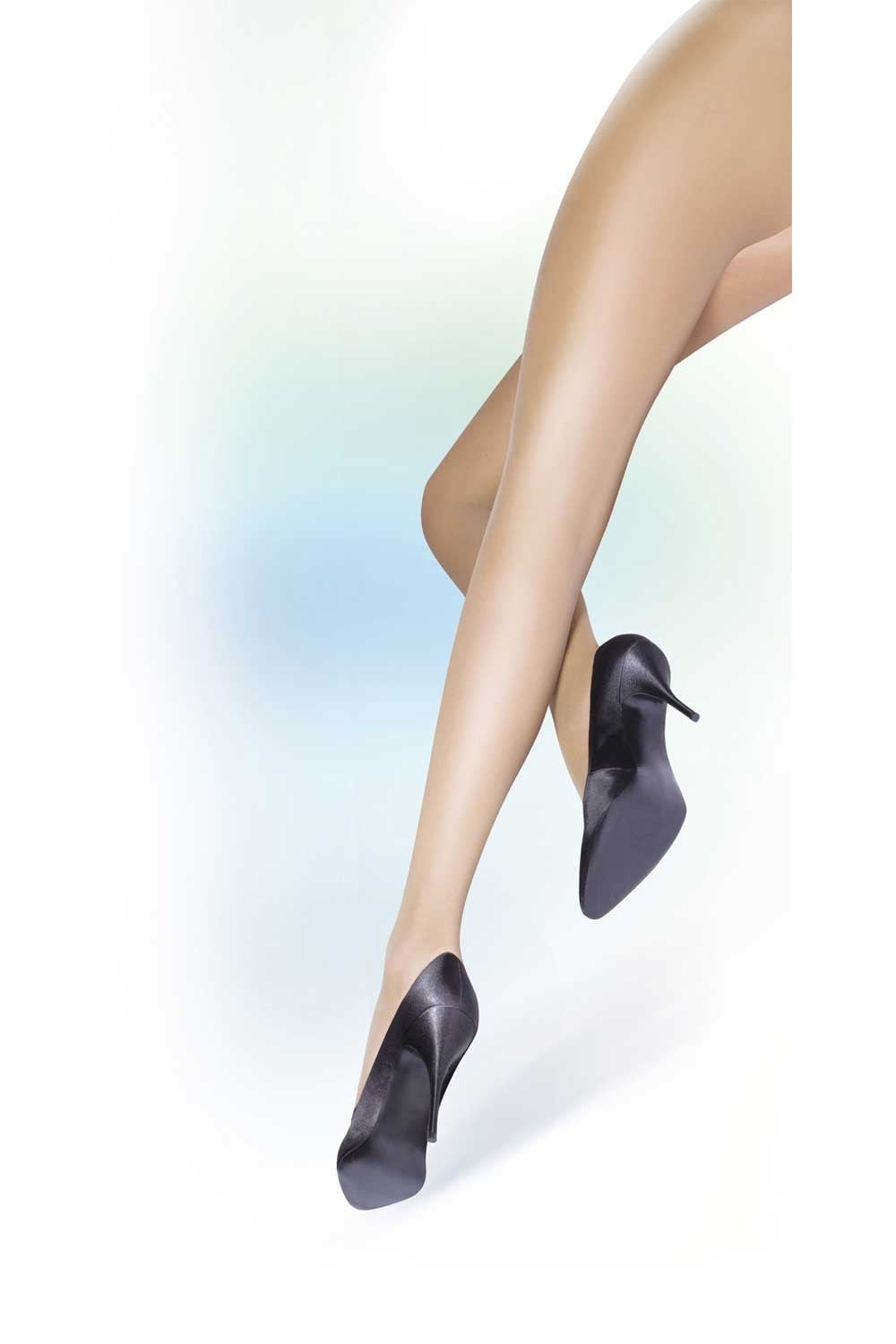Black high-heeled shoes worn with beige tights  on a gradient background