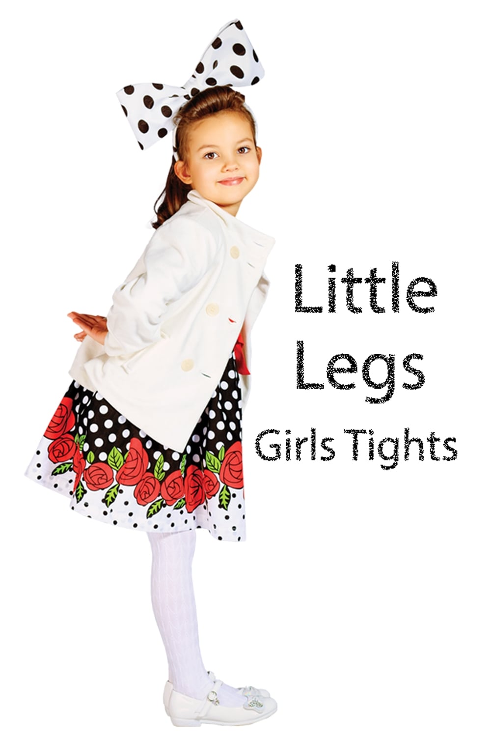 Young girl wearing a polka dot headband, and white tights on a white background.