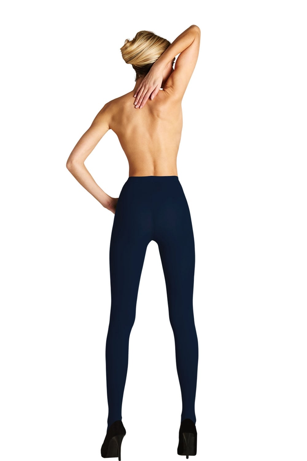 Person wearing navy blue tights on a white background