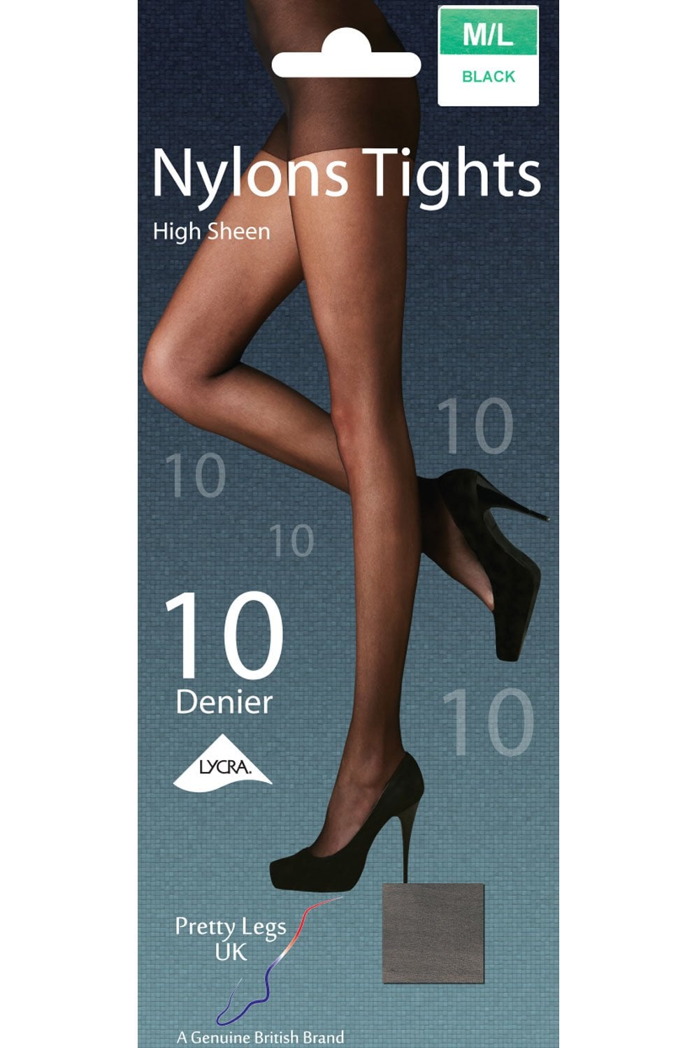 Nylons tights packaging with a model wearing black high heels on a blue background