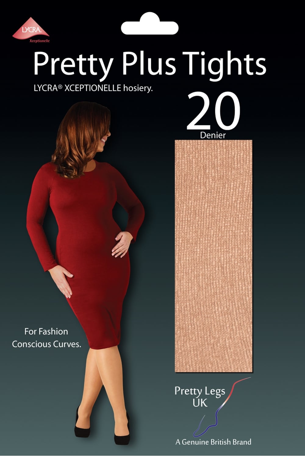 Pretty Plus Tights packaging with a woman in a red dress and natural tights