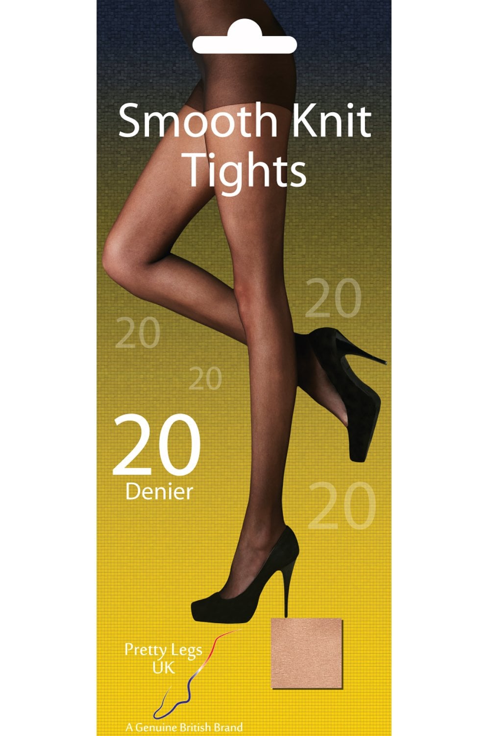 Packaging of Smooth Knit Tights with a model wearing black sheer tights and black high heels
