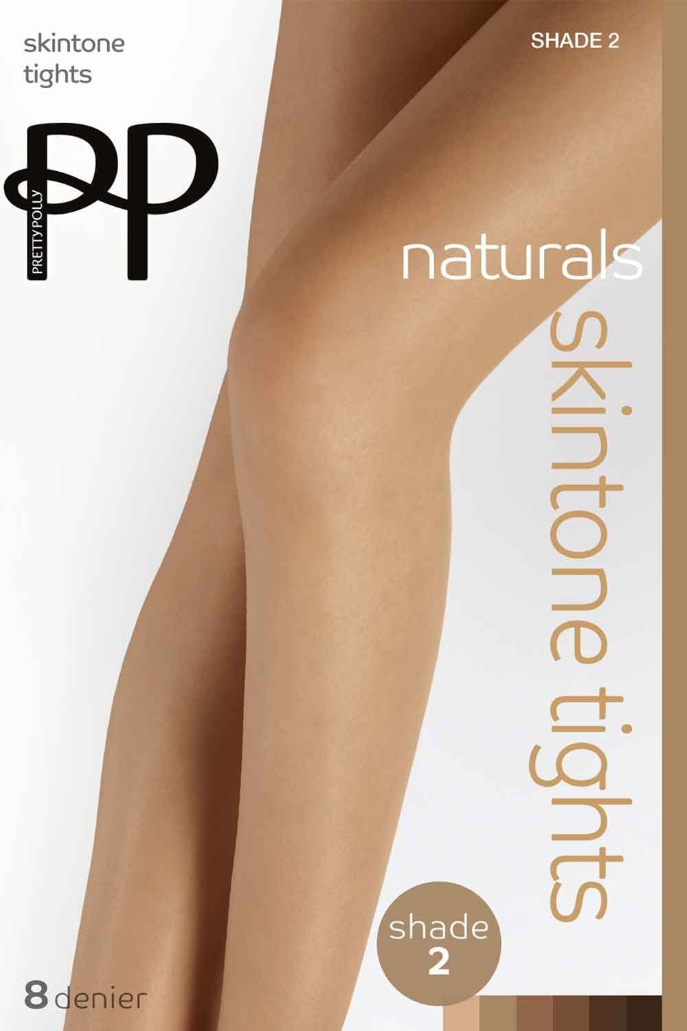 Skintone tights with brand logo and product details on a white background