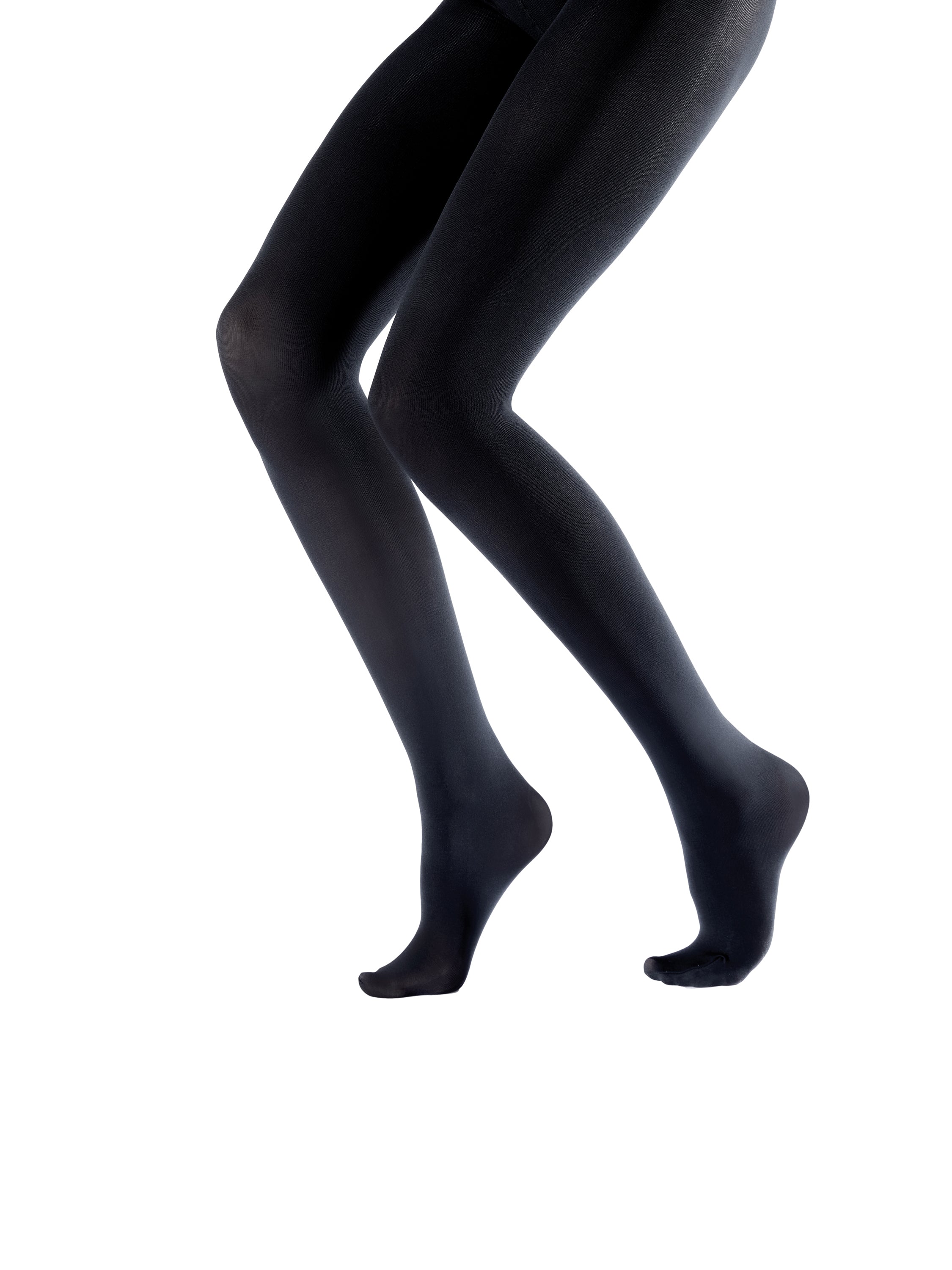 Black tights worn by a person on a white background
