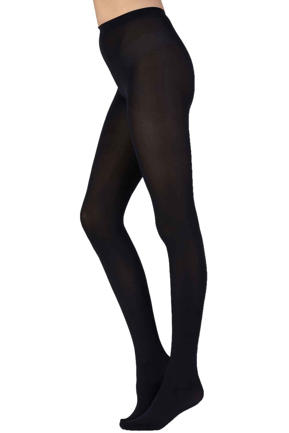 Black tights worn by a person on a white background