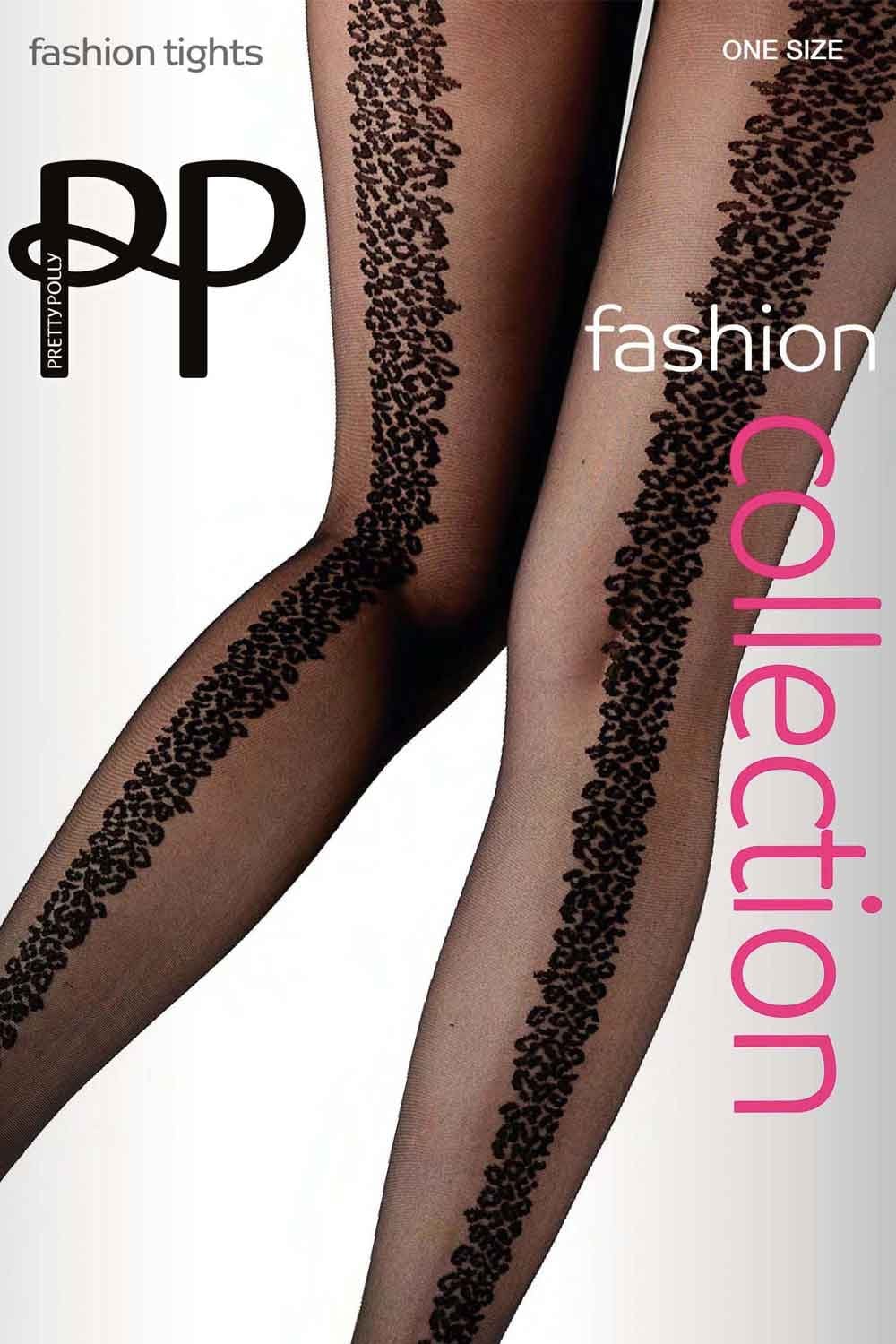 Fashion tights with decorative pattern on a white background, featuring the Pretty Polly brand.