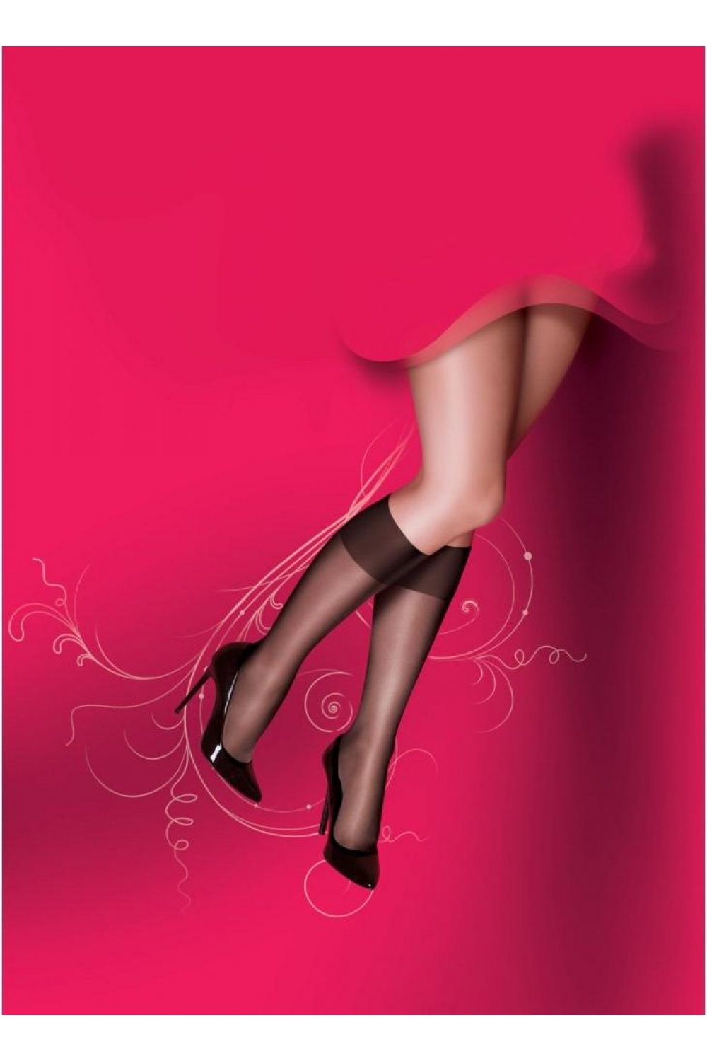 Black knee highs with  high heels on a pink background