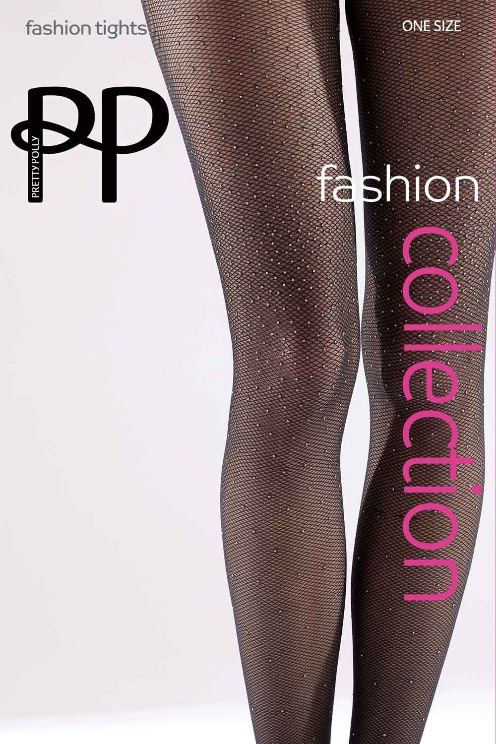 Black fashion fishnet  tights with glittery texture on a white background, featuring the brand Pretty Polly