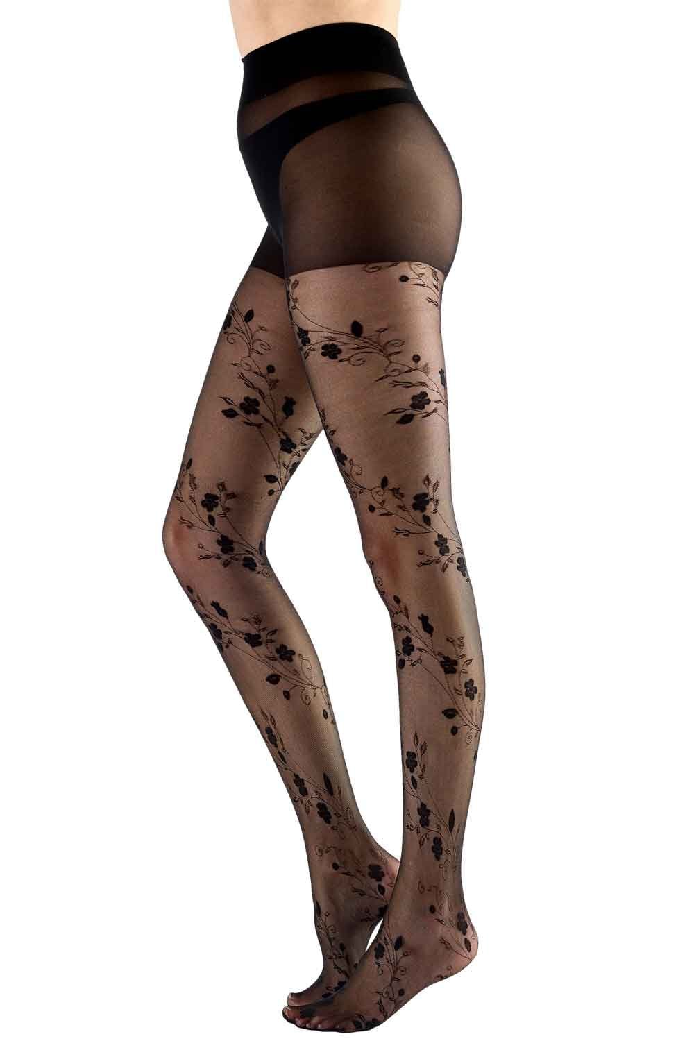 Black tights with black floral pattern on a white background