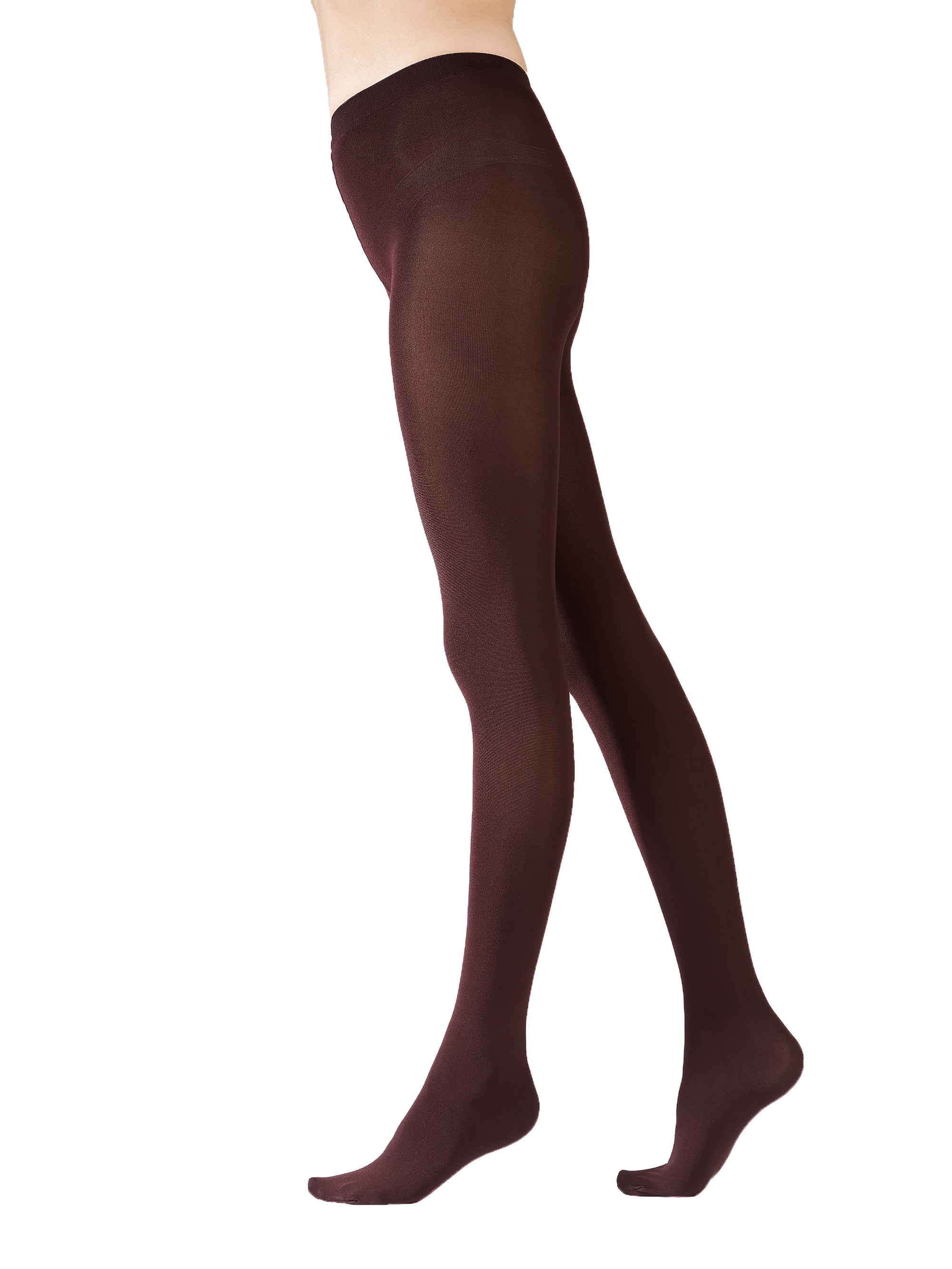 Burgundy tights worn by a person on a white background 