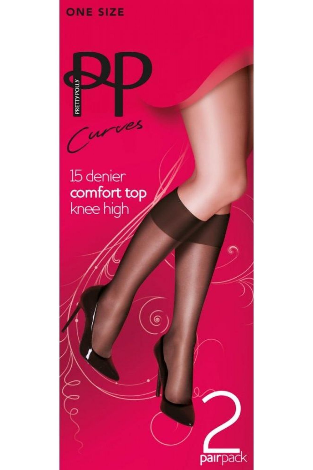 Packaging of black knee-high socks with a pink background and 'PP Curves' branding.