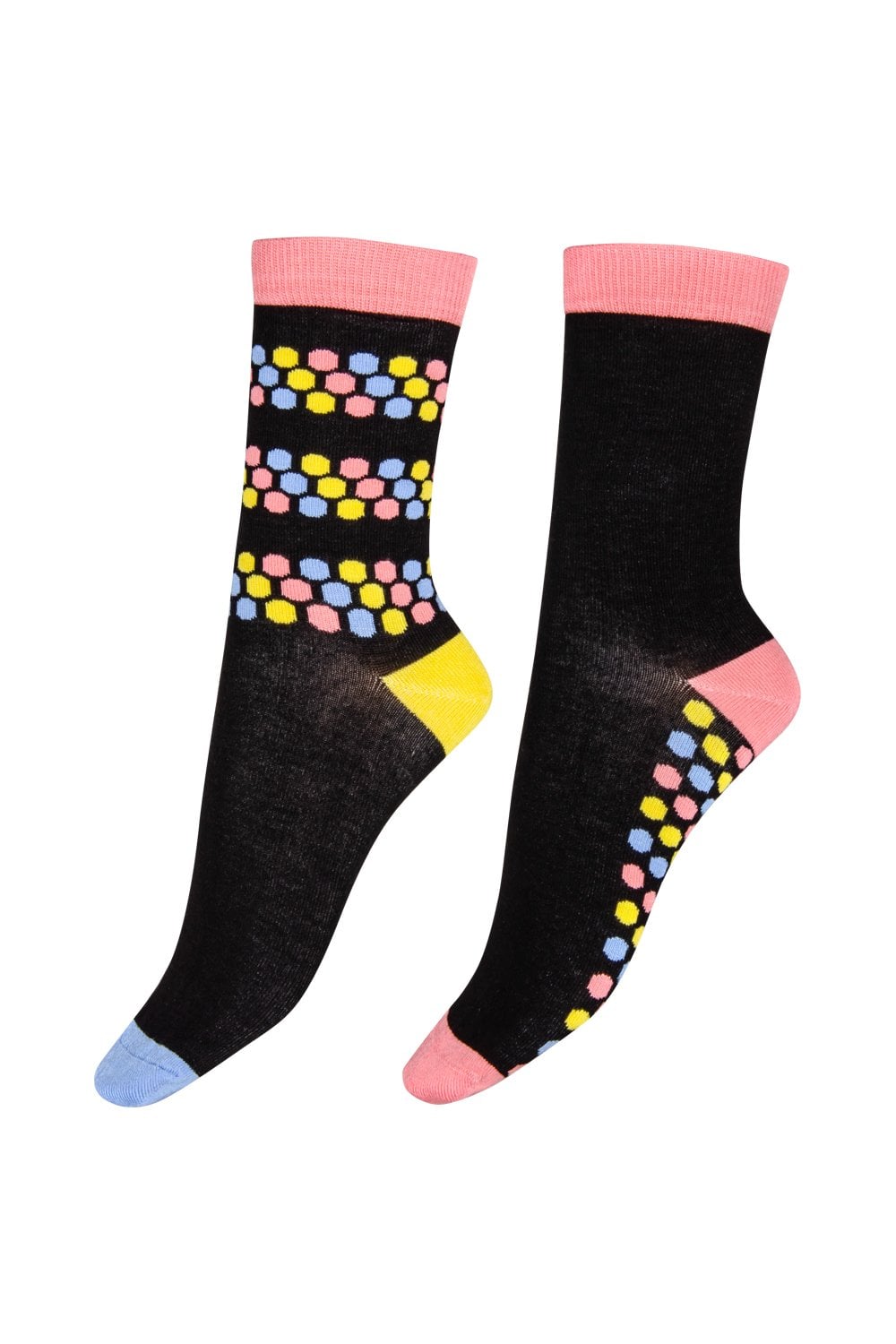 Navy socks with colorful pattern on a white background