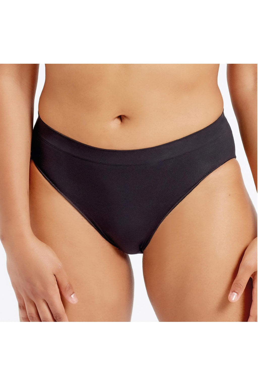 Black seamfree briefs worn by a person on a white background