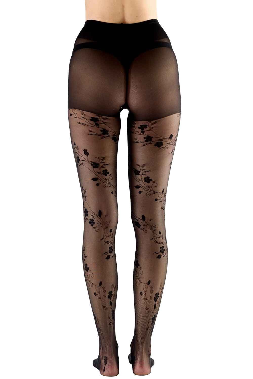 Black floral patterned tights on a white background