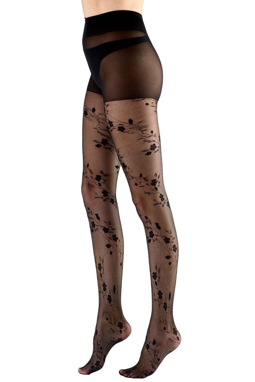 Sheer tights with floral pattern worn by a person on a white background