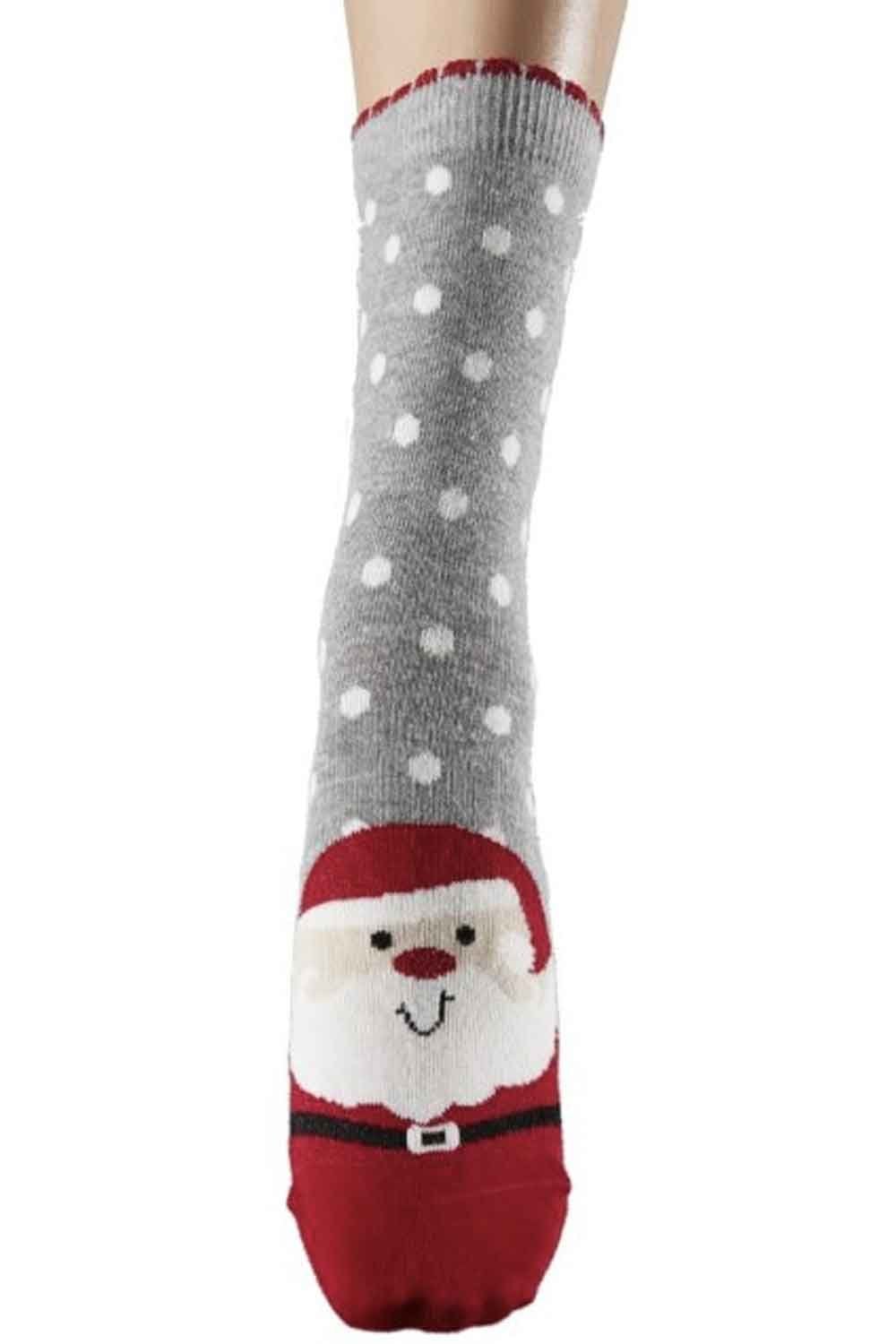 Grey sock with white polka dots and a Santa face design on a white background