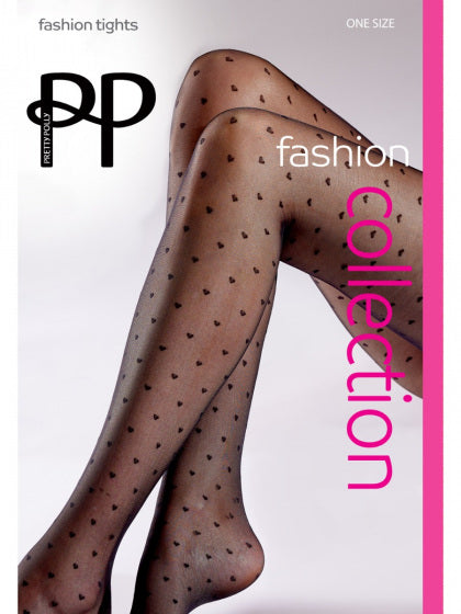 Patterned heart fashion tights with visible brand logo on a white background