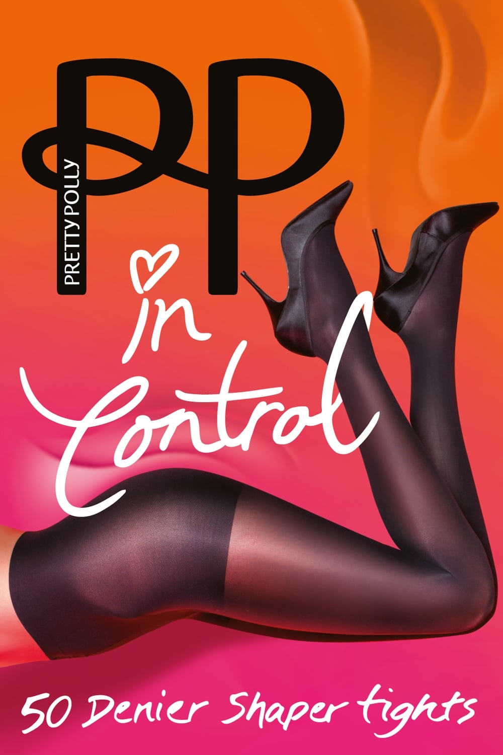 Pretty Polly shaper tights advertisement with a model wearing black tights on an orange and pink gradient background.