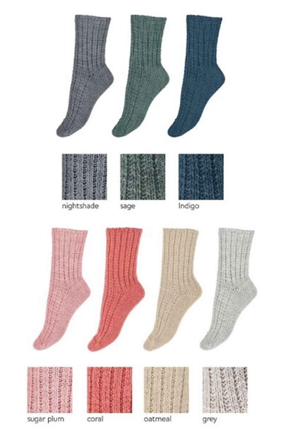 Collection of various colored socks with color swatches below on a white background