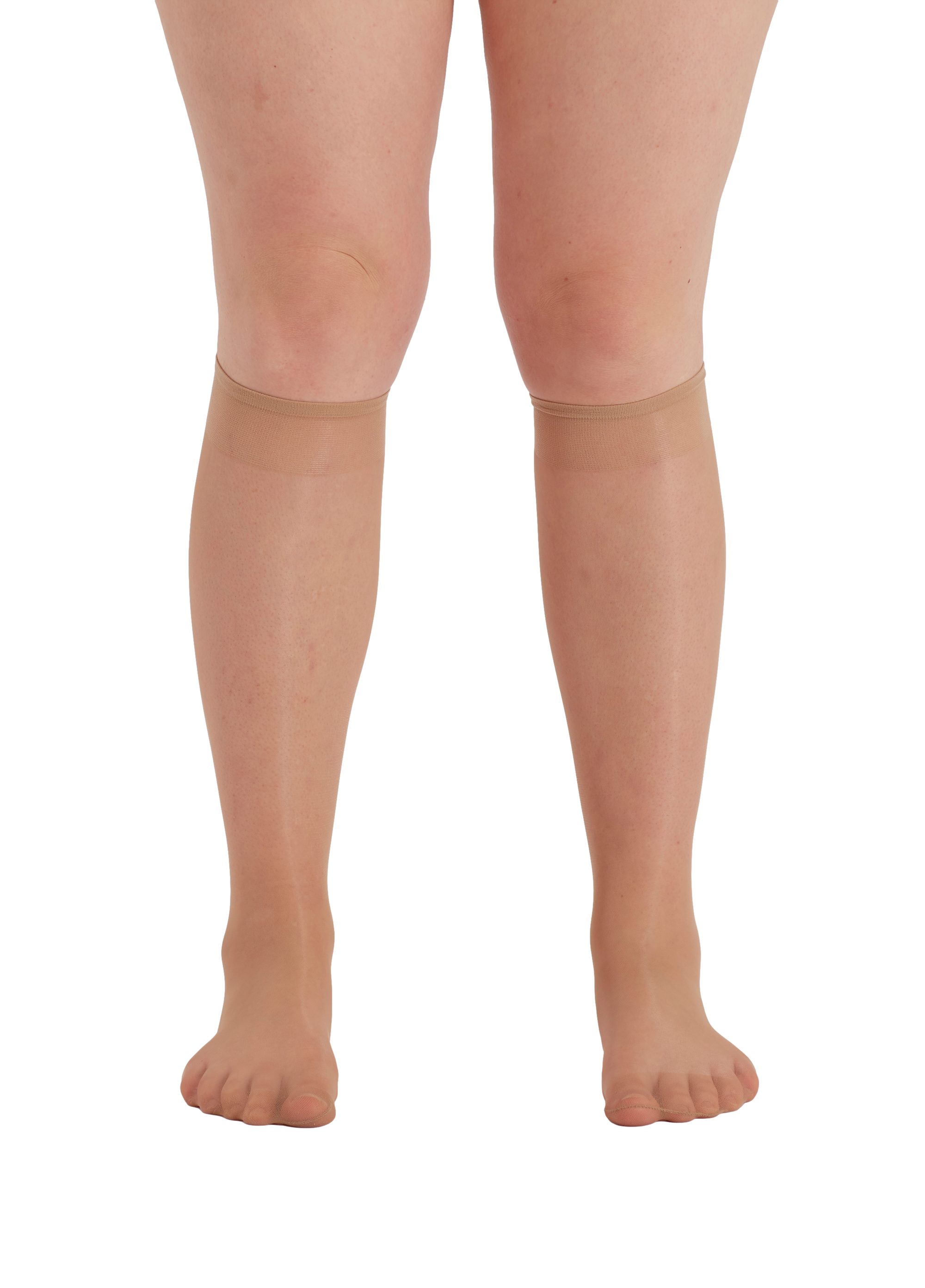 Nude  knee-high socks worn by a person on a square  background