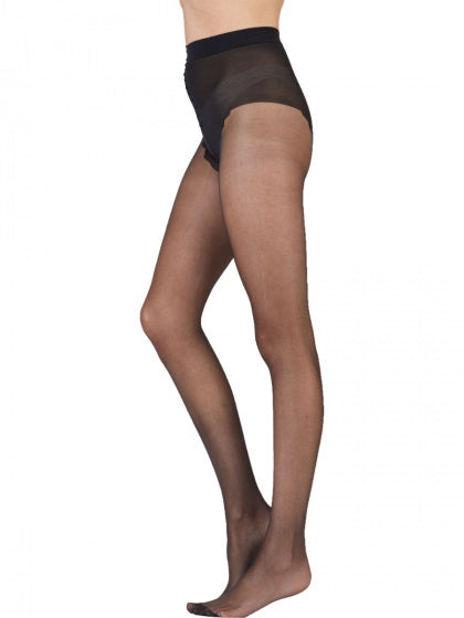 Black sheer tights worn by a person on a white background
