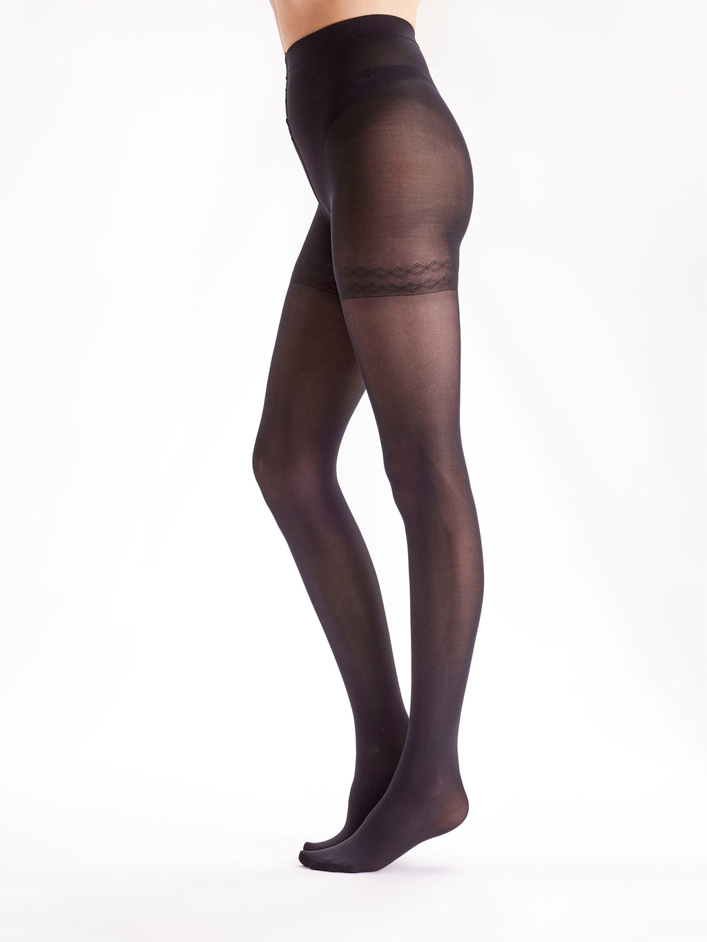 Black bodyshaper  tights worn by a person on a white background