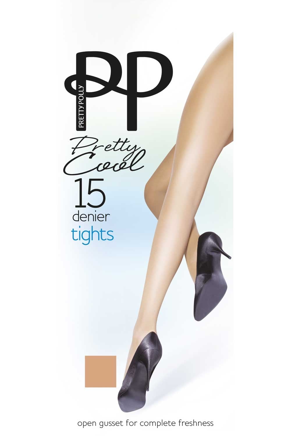 Pretty Polly 15 denier crotchless tights with packaging with a leg model wearing the tights.