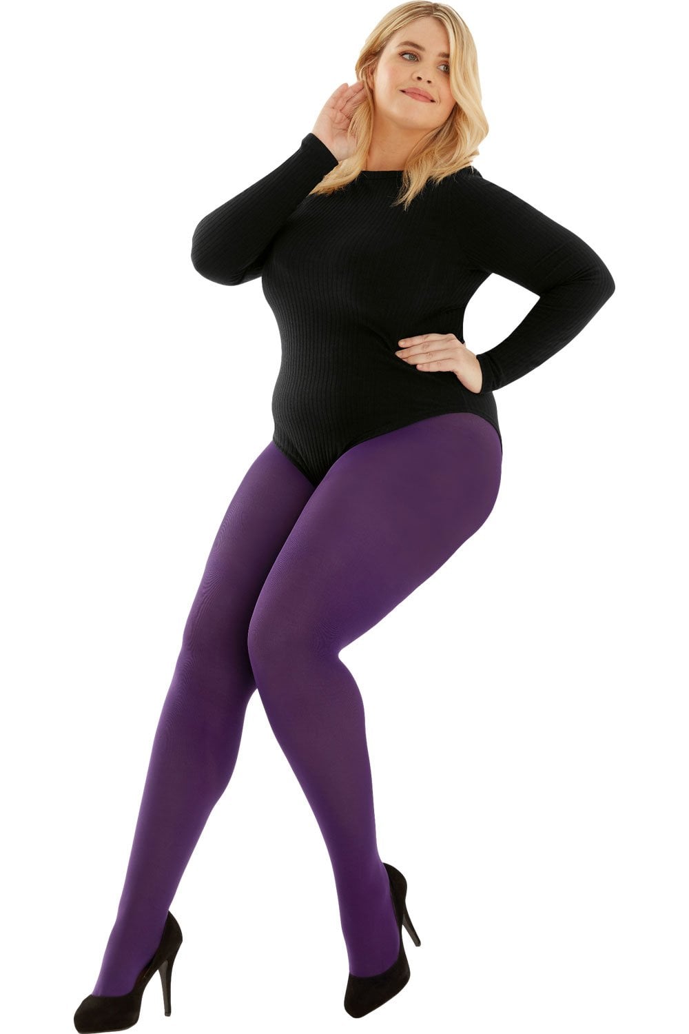 Woman wearing a black bodysuit and purple tights on a white background