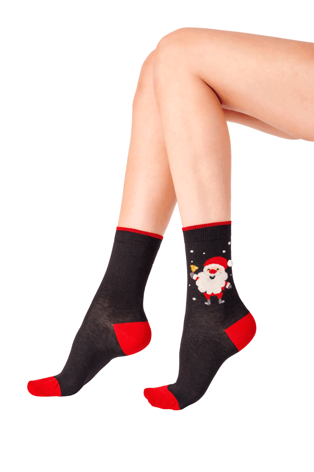 Black socks with  a Santa Claus design on a white background