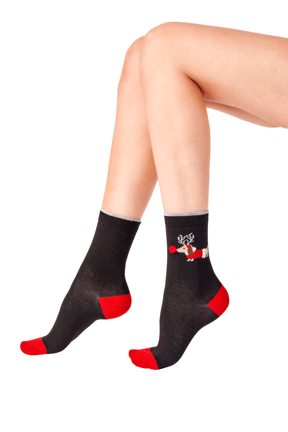 Black socks with  sausage dog  worn by a person on a white background