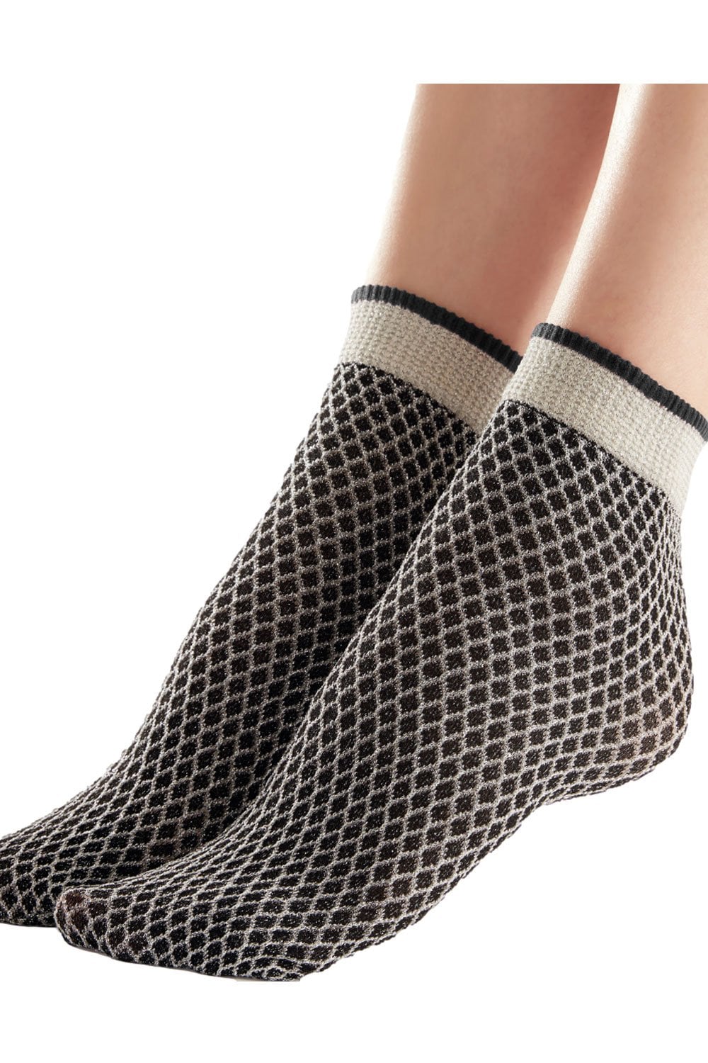 Black and silver net effect patterned socks worn by a person on a white background