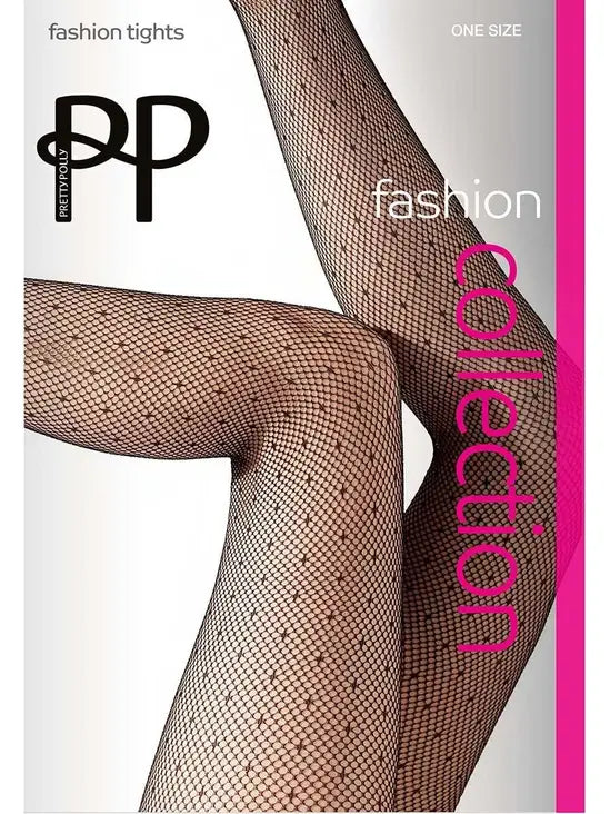 Spot net tights with a visible brand logo on a white background