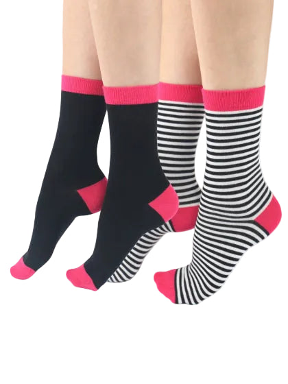 Two pairs of socks, one with pink and black stripes  and one black with pink heels and toes on a white background