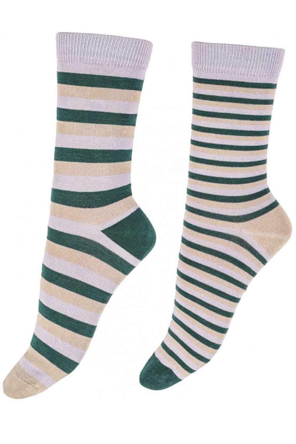Pair of striped socks with green, beige, and white colors on a white background
