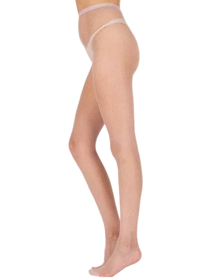 Lilac spot net design tights worn by a person on a white background