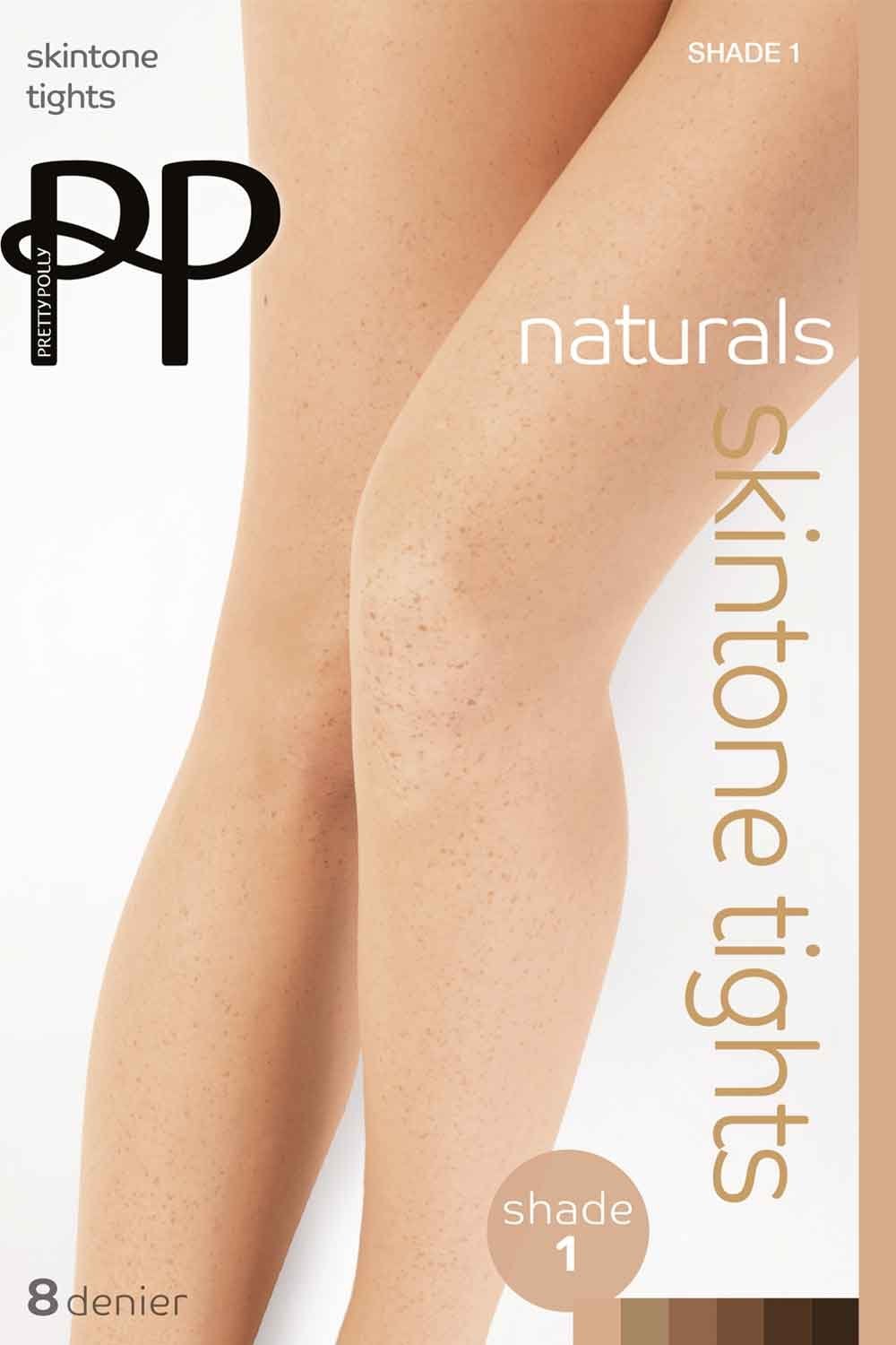 Skintone tights with brand logo and product details on a white background