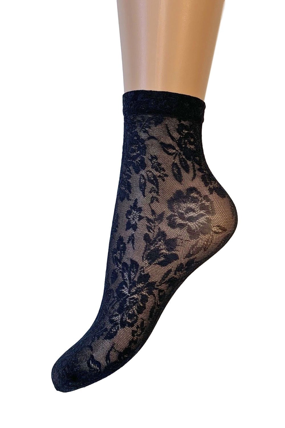 Black lace sock on a mannequin foot against a white background