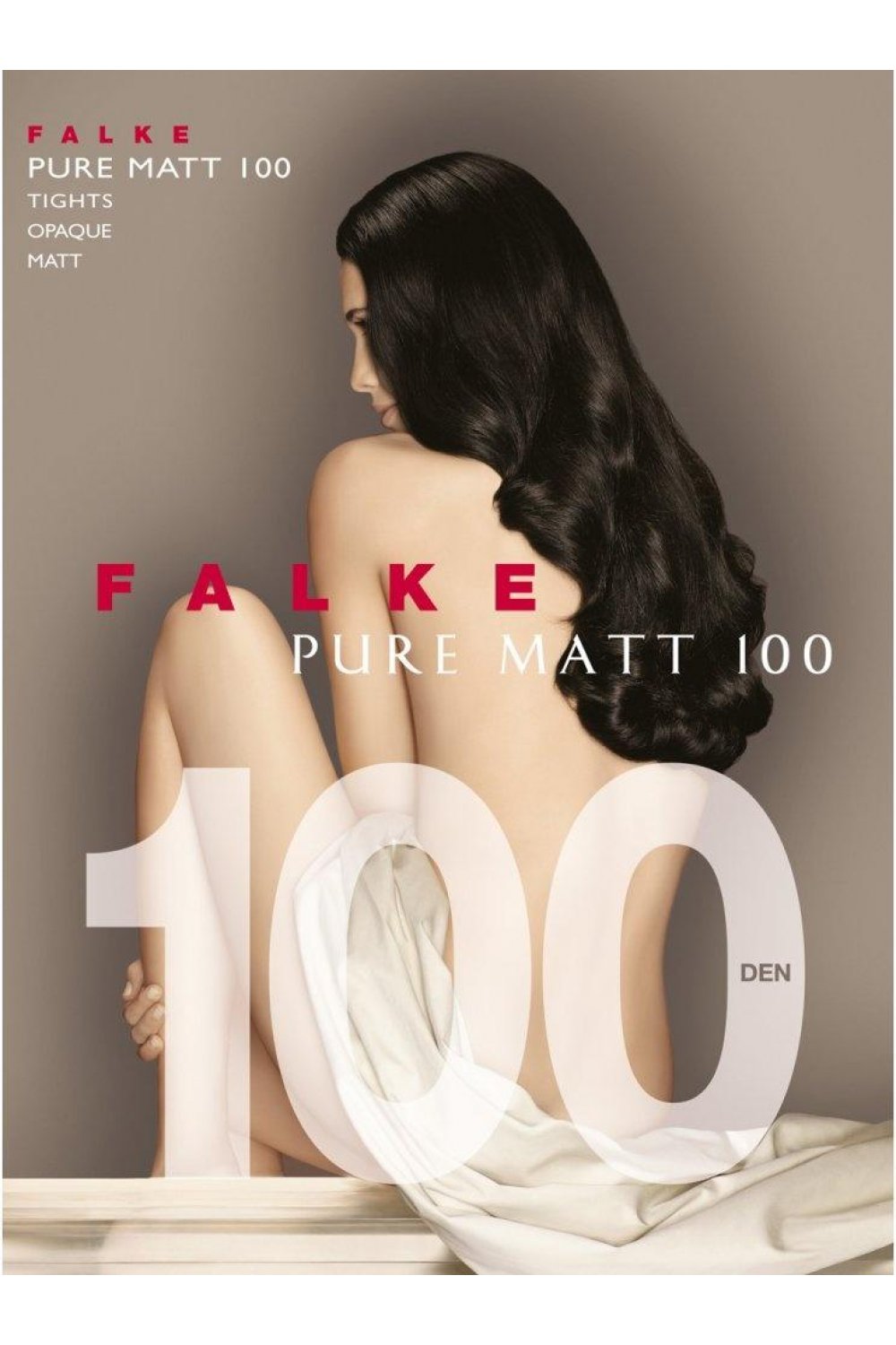 Advertisement for Falke Pure Matt 100 tights featuring a model with long hair and a large number '100'.