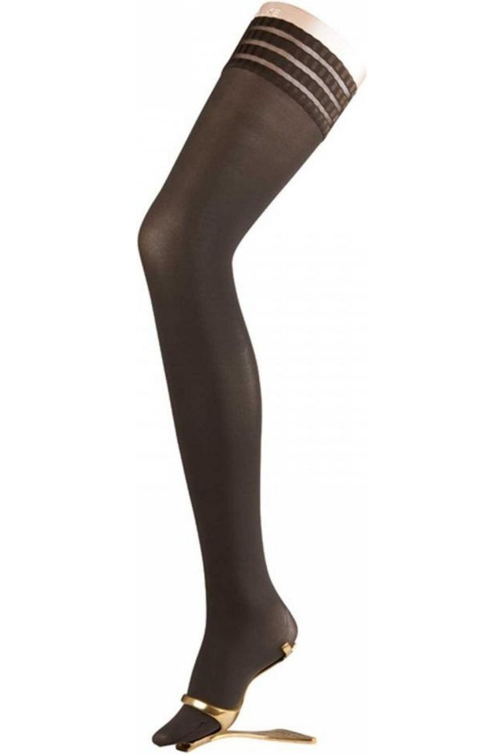 Black 50 stay ups  with gold accents on a white background