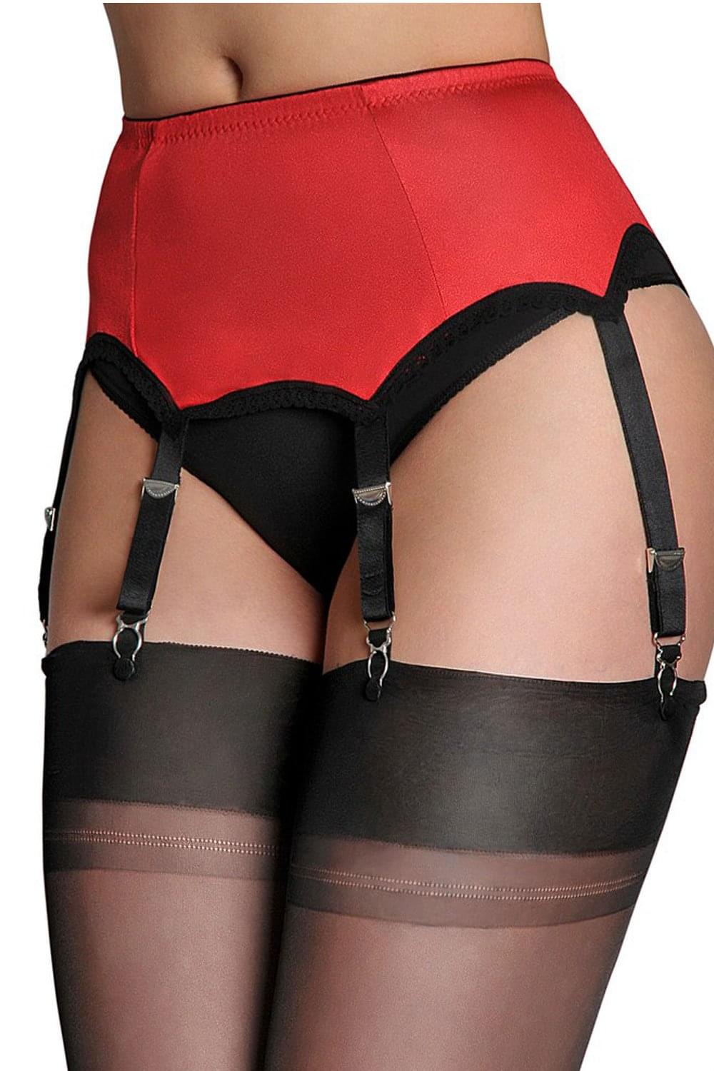 Red suspender  belt with black suspenders and stockings on a white background