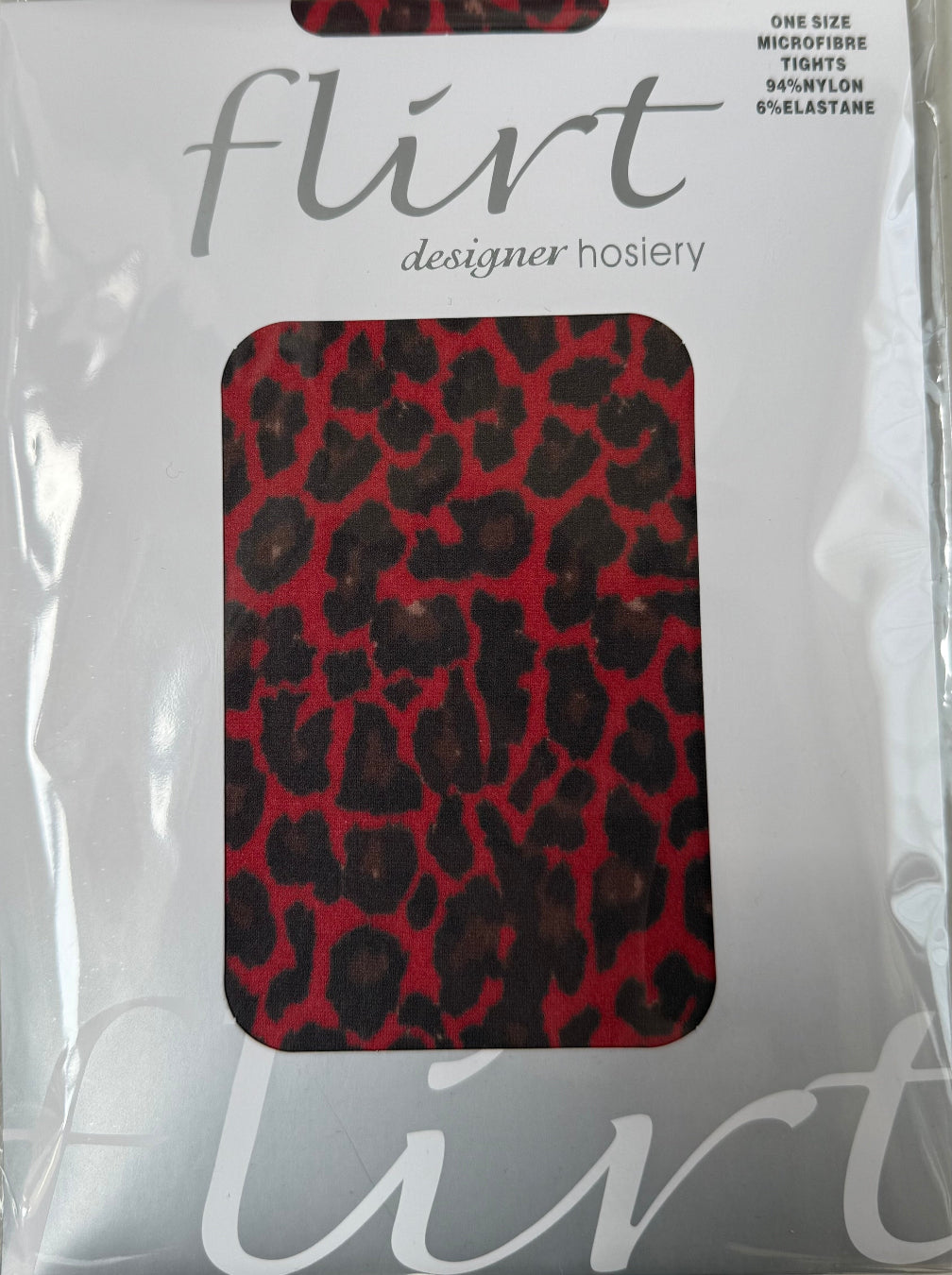 Packaged red and black leopard print hosiery with 'flirt' branding.