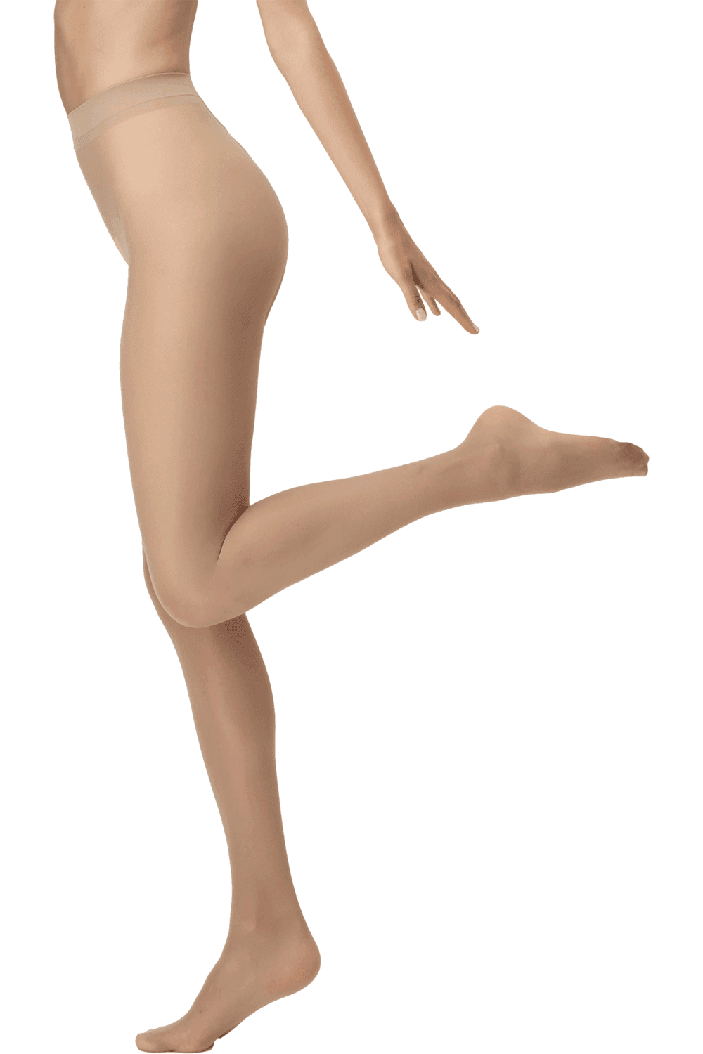 Beige tights  worn by a model on a white background