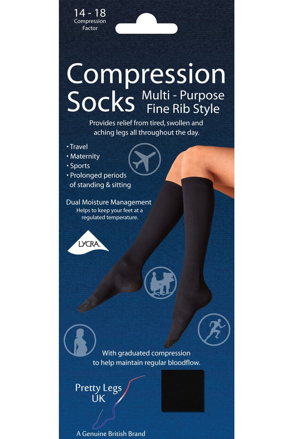 Compression socks packaging with a person wearing the socks on a blue background