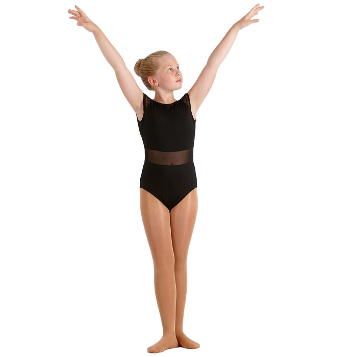 Young girl in a black leotard with full foot shimmer dance tights  on a white background