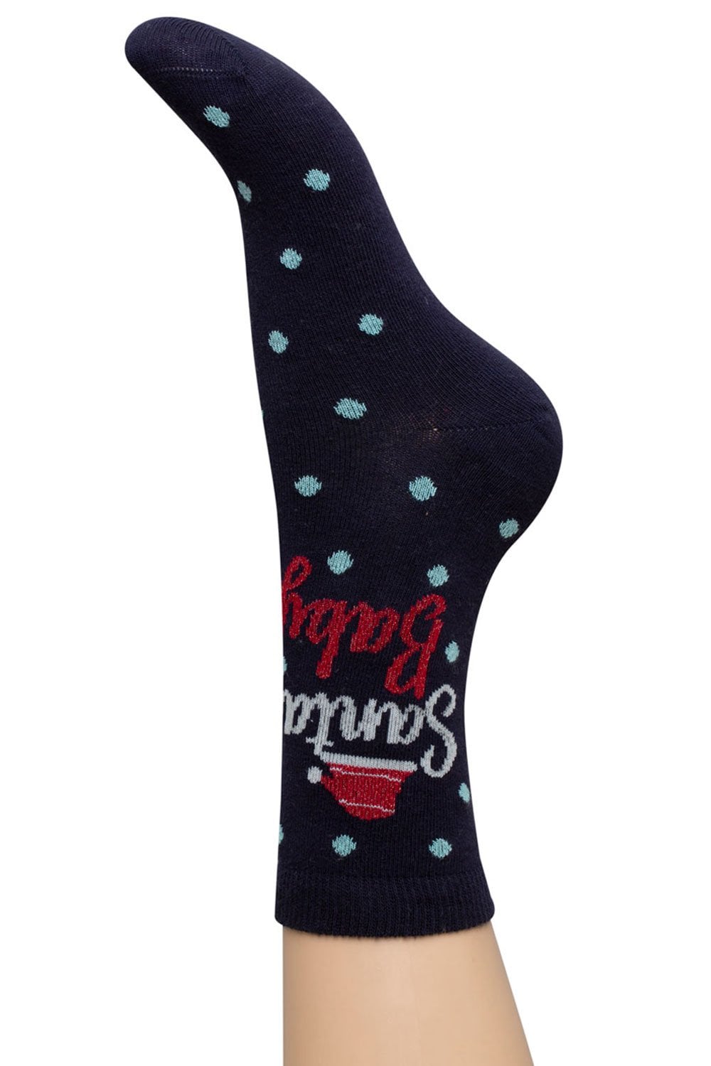 Navy sock with blue dots and colorful  santa baby text on a white background