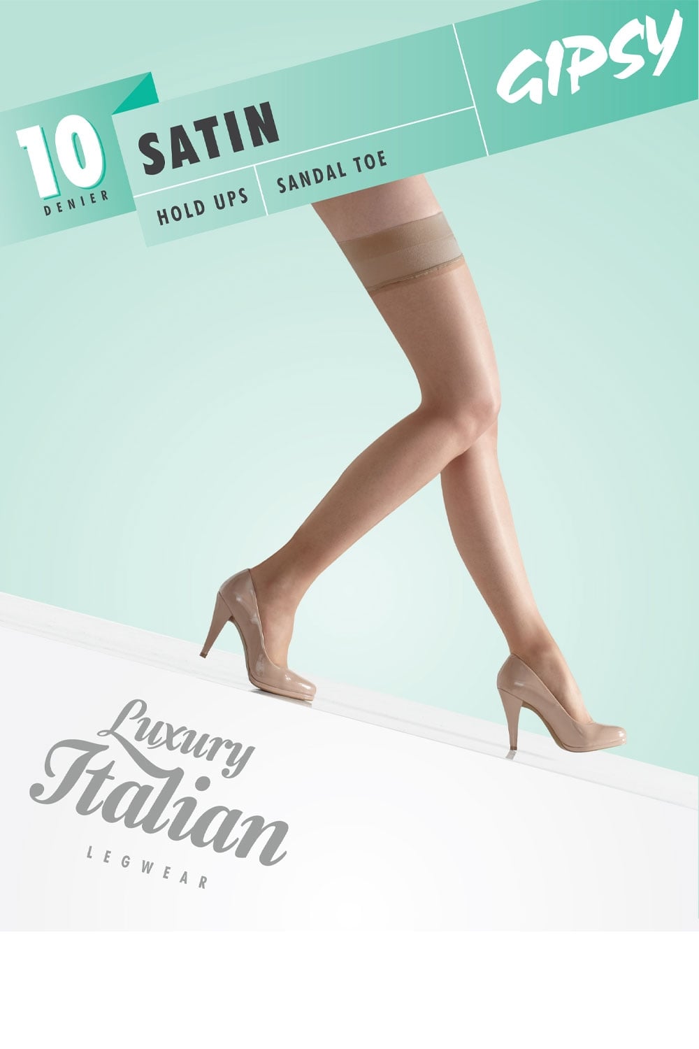 Satin sandal toe hold-ups with 'Gipsy' branding on a light green background.